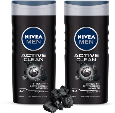 NIVEA Body Wash, Active Clean with Active Charcoal, Shower Gel, 250 ml (Pack of 2)(2 x 250 ml)