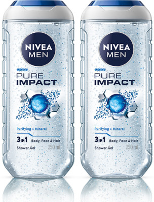 NIVEA Body Wash Combo Pure Impact with Purifying Micro Particles For Body, Face & Hair(2 x 250 ml)