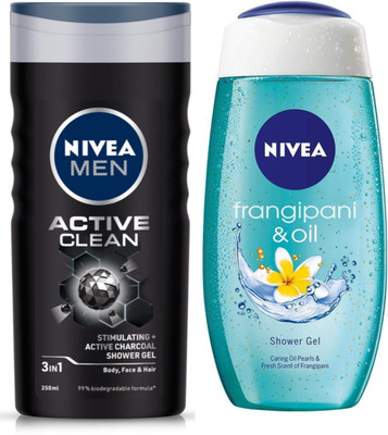 NIVEA Active Clean & FrangiPani Soft 250ml Shower gel Set of 2(2 x 250 ml)