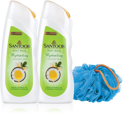 Santoor Hydrating Skin Body Wash, Virgin Coconut Oil, Shower Gel with Loofah(2 x 230 ml)