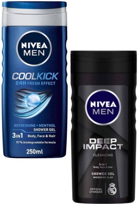 NIVEA Cool Kick & Deep Impact shower Gel 250ml Set of 2(2 x 250 ml)