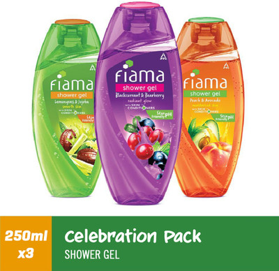 FIAMA Shower Gel Lemongrass & Jojoba, Blackcurrant & Bearberry , Peach & Avocado - Pack of 3(3 x 250 ml)