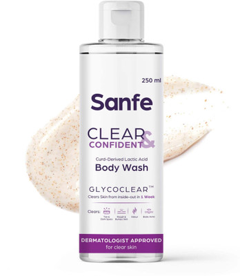 Sanfe Clear & Confident Glycolic Acid Body Wash|AHA Exfoliation, Tan Shower Gel(250 ml)