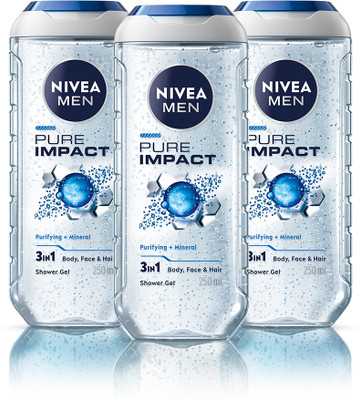 Nivea Men Body Wash Pure Impact Combo with Purifying Micro Particles For Body, Face & Hair(3 x 250 ml)