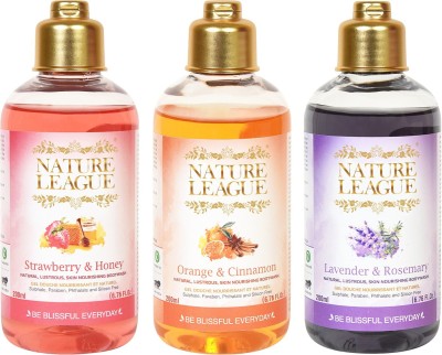 Nature League ORANGE AND CINNAMON + LAVENDER AND ROSEMARY + STRAWBERRY AND HONEY | Silky and Skin Nourishing | Ayurvedic Bodywash |3 x 200 ml Bottle | Sulphate Free | Paraben Free | Phthalate Free | Cruelty Free | Silicone Free | Made with Natural Extracts of Orange Peel | Cinnamon | Cucumber | Gree