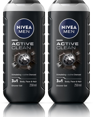 NIVEA Active Clean Combo Body Wash for Body, Face & Hair, with Active Charcoal for Men(2 x 250 ml)