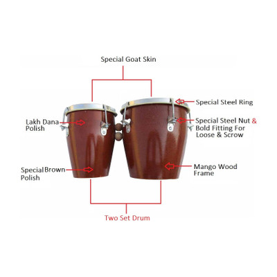 RAM musical Bongo Two set Brown Shiny polish, Goat skin Wooden Bongo(18 cm, 15 cm)