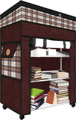 Trendy Multipurpose Foldable Wardrobe for Home with Cover | 360 ° Rotating Wheels Metal Semi-Open Book Shelf(Finish Color - Brown, DIY(Do-It-Yourself))
