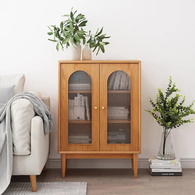 NG Decor Casti Mid-Century Modern Natural Cabinet 2-Shelf Bookcase with 2 Glass Doors Engineered Wood Close Book Shelf(Finish Color - Brown, DIY(Do-It-Yourself))