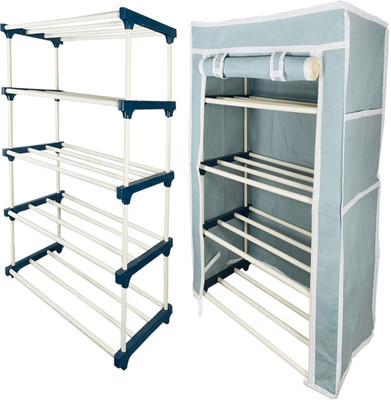 TURBOMAX 4Tiers Book Shelf Plastic Rack With Cover Wardrobe Portable Multipurpose Folding Plastic Open Book Shelf(Finish Color - Grey, DIY(Do-It-Yourself))