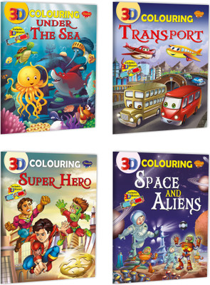 3D Colouring Book- Under the Sea, Transport, Super Hero, Space and Aliens, Set of 4(Paperback, SAWAN)