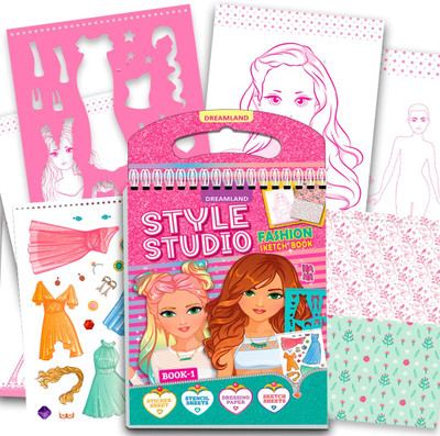 Style Studio Fashion Sketch Activity Book 1 for Girls Age 4-8 years– Creative Design Kit with Sticker Sheets, Stencil Sheets, Dressing Paper & Sketch Pages | Fun DIY Activity Book  - With 48 Pages(Wiro Binding, Dreamland)