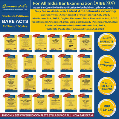 AIBE Bare Acts Combo without Notes 2023 EDITION- as per Bar Council of India Guidelines set of 22 Bare Acts covering 50 Acts COMPLETE SYLLABUS - LATEST 2023 EDITION Paperback – 1 January 2023(Paperback, Commercial Law Publishers India Pvt Ltd) AIBE Bare Acts Combo without Notes 2023 EDITION- as per Bar Council of India Guidelines set of 22 Bare Acts covering 50 Acts COMPLETE SYLLABUS - LATEST 2023 EDITION Paperback – 1 January 2023(Paperback, Commercial Law Publishers India Pvt Ltd)