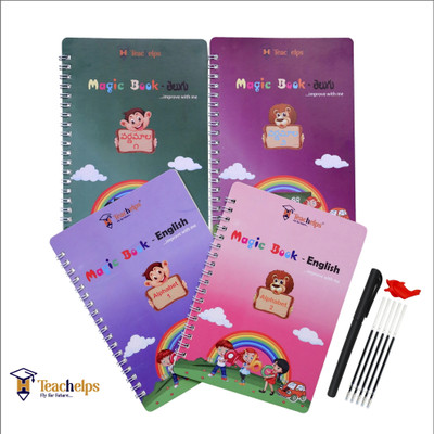 Magic Book Telugu English Combo  - 4 Books / 2 Telugu books / 2 English books / 1 Pen set / Reusable(Wiro Binding, Sejal Bhuva)