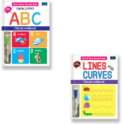 Write & Clean Reusable book - Set of 2 Books - Alphabet Capital Letters, Lines & Curves(Paperback, BOOKFORD PUBLICATIONS PVT. LTD.)