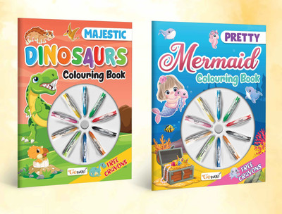 Pretty Mermaid Colouring Book & Majestic Dinosaur Colouring Book With Crayons | Combo of 2 | Mermaid Magic & Dino Discovery Coloring Set(Paperback, GO WOO)