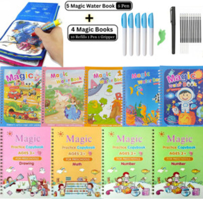 Sank Magic Practice Copybook with Water Magic Book, Quick Dry Painting and Learn Write Cursive Writing Extreme Fun and Enjoy with Drawing for Kids (5 Water Magic Book + 5 Pen With 4 Book + 10 Refill + 1 Pen + 1 Grip)(Paperback, water magic book, sank magic book)
