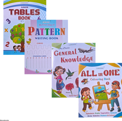 ALL in ONE Colouring Book+General Knowledge for Junior K.G+Pattern Writing Book+Junior Tables Book  - Early Learning Book Pack (Set of 4) – Perfect for Junior K.G. Kids!(Paperback, A Team of Ladder Publication)