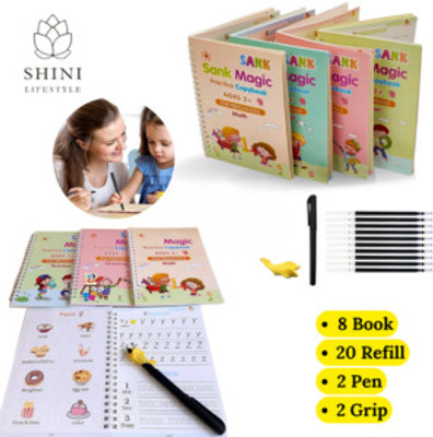 Sank Magic Book, (8 BOOK + 20 REFILL+ 2 pen +2 grip) Kids Sank Magic Reusable Tracing Magic Copybook Set Practical Reusable Writing Tool, Magic Calligraphy Copybook Set(book, sank magic book)