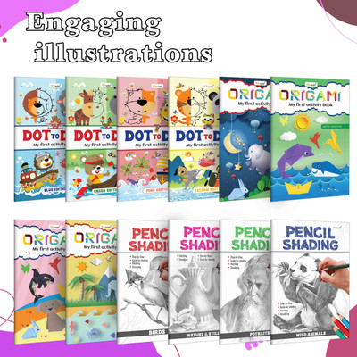 My First Book of Activity Complete Combo : Early learning activity book, Kids drawing and shading book, Origami fun for early learners, Dot to dot book for kids| Pack of 12 Activity books(Paperback, GOWOO)