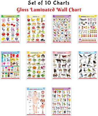 Educational Wall Charts for Children : Alphabet, Fruits, Vegetables, Animals, and More – English-Hindi Glossy Laminated Set - Educational wall charts, learning posters for children | Pack of 10 Charts(Gloss Laminated, GOWOO)