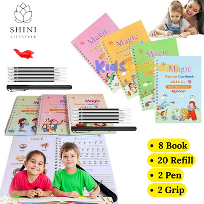 Sank Magic Practice Book, Number Tracing Book for Preschoolers with Pen, Magic Calligraphy Copybook Set for Children's, Writing Book Set (8 Book + 20 Refile + 2 Pen + 2 Grip) with 8 Disc(book, sank magic book)