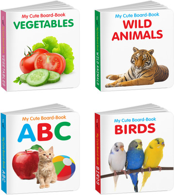 My First Cute Board Book All In One Learning Book For Children : ABC, Birds, Wild Animals and Vegetables - Baby board books collection, First library books for babies | Pack of 4 Books for kids(Board Book, GOWOO)