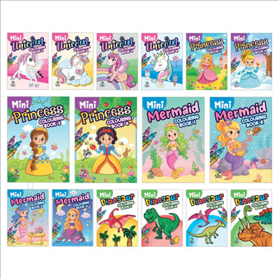 Mini Colouring Books | Unicorn, Princess, Mermaid, Dinosaur | Set of 16 Books(Paperback, Pinwheel Books)