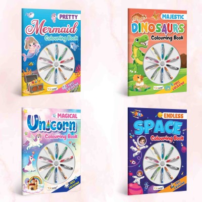 Magical Unicorn Colouring Book, Endless Space Colouring Book, Pretty Mermaid Colouring Book & Majestic Dinosaur Colouring Book With Crayons |Combo of 4 | Whimsical Colouring Quartet(Paperback, GO WOO)