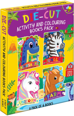 Die-cut Activity and Colouring Books Pack- A Pack of 4 Books  - For Kids Age 3-8 Years – Set of Fun Educational Books with Jungle, Dinosaurs, Unicorn, and Farm Themes for Creative Learning and Play(English, Paperback, Dreamland Publications)