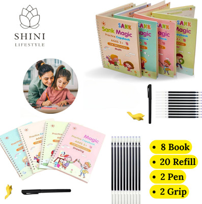 Sank Magic Book, (8 BOOK + 20 REFILL+ 2 pen +2 grip) Erasable and Reusable Practice Book, Number Tracing Book for Preschoolers with Pen, magic reusable Writing Tool Simple Hand Lettering(book, sank magic book)