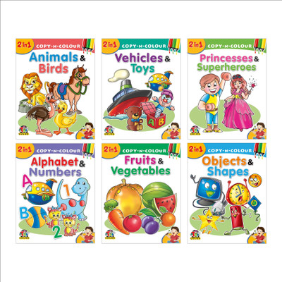 2 in 1 Copy N Colour | Alphabet & Numbers, Vehicles & Toys, Animals & Birds & more | Set of 6 Books(Paperback, Pinwheel Books)