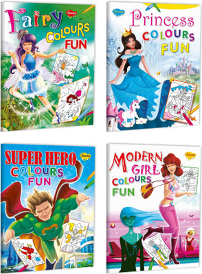 Fairy Colours Fun, Princess Colours Fun, Super Hero Colours Fun and Modern Girl Colours Fun books for kids : kids colouring book, Joyful colouring book, Colouring with fun, Learn colouring with fun books for kids | Gift pack of 4 colouring books for kids(Paperback, SAWAN)