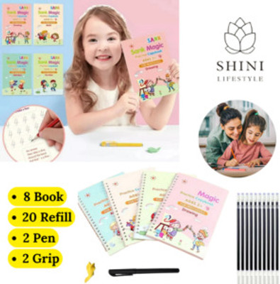 Sank Magic Book, (8 BOOK + 20 REFILL+ 2 pen +2 grip) Number Tracing, Magic Practice Copybook for kids, Reusable Book(book, sank magic book)
