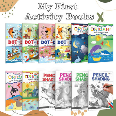 My First Activity Book - Dot to Dot and Origami (Blue, Green, Pink and Yellow Edition), Pencil Shading - Birds, Wild Animals, Nature & Still Life and Portraits : Kids activity book | Pack of 12 Activity books(Paperback, GOWOO) My First Activity Book - Dot to Dot and Origami (Blue, Green, Pink and Yellow Edition), Pencil Shading - Birds, Wild Animals, Nature & Still Life and Portraits : Kids activity book | Pack of 12 Activity books(Paperback, GOWOO)