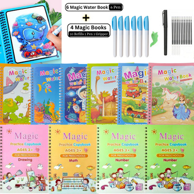 Sank Magic Practice Copybook For Kids With Water Magic Book ( 4 Book + 10 Refill + 1 Pen + 1 Grip with 6 Magic Water Book with 6 Pen ), Quick Dry Painting and Reusable Book(Paperback, water magic book, sank magic book)