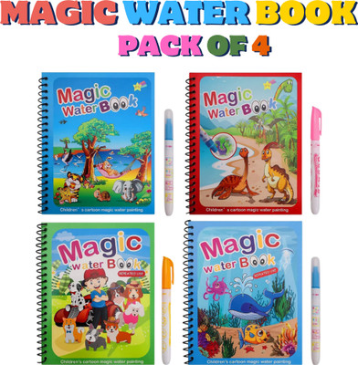 Magic Water Book Reusable Drawing Book (Set of 4 Book + 4 Pen) Magic Doodle Pen with 4 Disc(Paperback, water magic book)