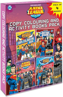 Justice League Copy Colouring and Activity Books Pack (A Pack of 4 Books)  - Superman, Batman, Wonder Woman & More | Boost Creativity, Focus & Learning Skills | Perfect Gift for Young Superhero Fans Age 3+(English, Paperback, Dreamland Publications)