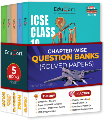 Educart ICSE Class 10 Question Bank 2025 + Solved Paper Physics | Chemistry | Biology | Mathematics | English Language for 2024-25 Exams (5 Books)  - .(Paperback, Educart)