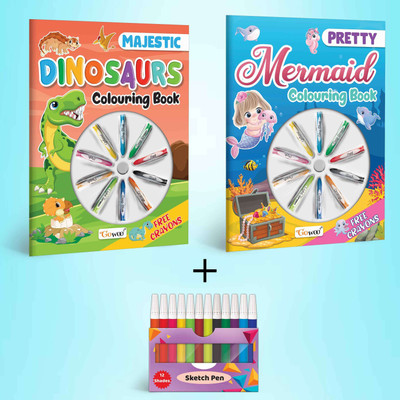 Pretty Mermaid Colouring Book, Majestic Dinosaur Colouring Book With Crayons & 12 WATER COLOUR SKETCH PEN |Combo of 2 | Enchanting Duo Delight(Paperback, GO WOO)