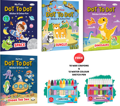 My first Dot to Dot Sticker & Colour Fun - Under the Sea, Jungle, Space and Dinosaurs with 10 wax crayons and 12 Water colour sketch pen : Kids Art Book, Coluring book for young kids, Creative Sticker colouring Book | Combo of 4 Colouring Books(Paperback, GO WOO)