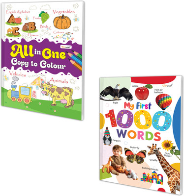 All In One Copy To Colour and My First 1000 Words book : Copy & Learn 2-in-1 , Read and Colour Bundle, Colour & Vocabulary Fun, Colour & Learn for Kids | Set of 2 books(Paperback, GOWOO)