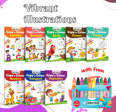 My First Copy To Colour - Alphabet, Animals, Birds, Flowers And More With 10 WAX CRAYONS : Skill Development Book, Toddler Colouring Starter Pack | Pack Of 8 Copy To Colour Books(Paperback, GOWOO) My First Copy To Colour - Alphabet, Animals, Birds, Flowers And More With 10 WAX CRAYONS : Skill Development Book, Toddler Colouring Starter Pack | Pack Of 8 Copy To Colour Books(Paperback, GOWOO)