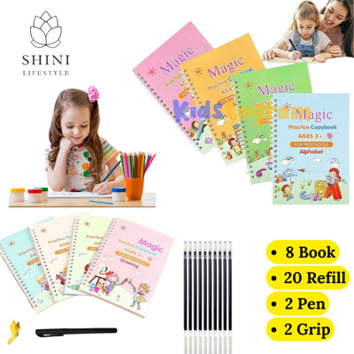 Kid's Sank Magic Reusable Tracing Magic Copybook Set Practical Reusable Writing Tool, Magic Calligraphy Copybook Set (8 BOOK + 20 REFILL+ 2 pen +2 grip)(book, sank magic book)