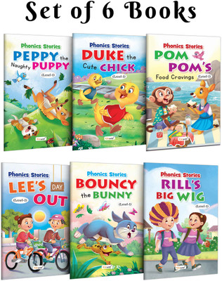 Phonics Stories Level-1: Peppy the Naughty Puppy, Duke the Cute Chick, Pom Pom's Food Cravings and more :- Early language practice workbook, engaging picture tales | Combo of 6 Books(Paperback, GOWOO)