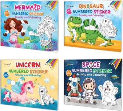 Mermaid, Dinosaur, Unicorn and Space Numbered Sticker Activity and Colouring books for age 3+ Kids : Kid's coloring and sticker books, Coloring adventure book for kids, Educational fun with stickers, Kids activity book with over 150+ stickers | Pack of 4 activity and colouring books(Paperback, GO WO