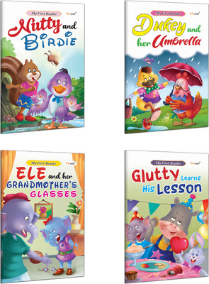 Early Learning Adventure Stories for Kids : Dukey and her Umbrella, Ele and her Grandmother's Glasses, Glutty Learns his Lesson and Nutty and Birdie - Kids story book | Combo of 4 Books(Paperback, GOWOO)