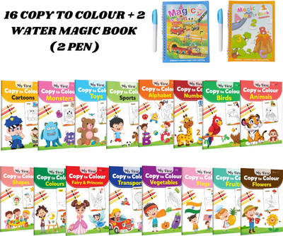 Copy to Colour Drawing Book Set (16 Titles) | ABC, Animals & More | 2 Water Magic Books + 1 Pen Each(Book, Copy to colour book)