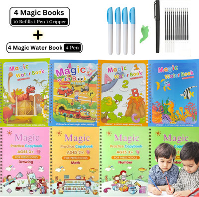 Sank Magic Book with Magic Water Book, [ 4 Book + 10 Refill + 1 Pen + 1 Grip With 4 Water Magic Book + 4 Pen ], Reusable Book, Quick Dry Painting, Unlimited Learn & Fun(book, sank magic book, water magic book)