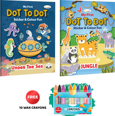 My first Dot to Dot Sticker & Colour Fun - Under the Sea and Jungle with 10 Wax Crayons : Kids Creative Coloring Book, Fun and Educational Art Book, Colouring book for young kids | Pack of 2 Colouring Books(Paperback, GO WOO)